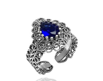 Filigree Ring Jewelry Made of 925 Sterling Silver, Adjustable Ethnic Ring, Handmade Ring, Mardin Telkari Ring With Sapphire Gemstone