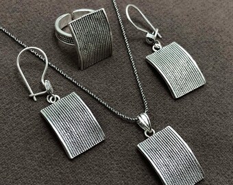 Handmade Jewelry Set Made of Sterling Silver, Necklace, a Pair of Earrings, Ring, Authentic Fine Silver Jewelry Set, Ethnic Silver Set