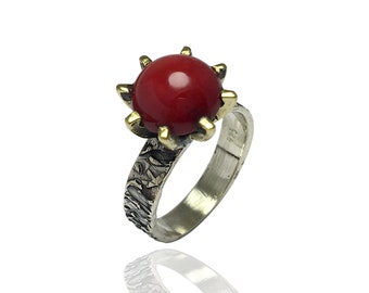 Ring Jewelry Made of 925 Sterling Silver, Ethnic Ring, Handmade Turkish Ring, Authentic Fine Silver Ring With Coral Gemstone