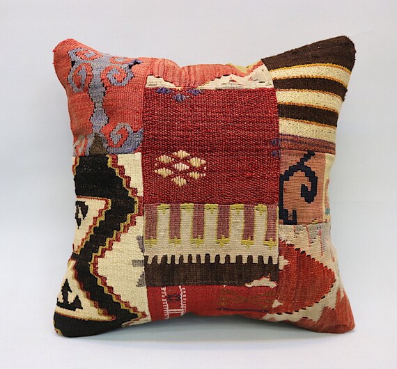 Patchwork Kilim Pillow 16x16 Eclectic Decorative | Etsy