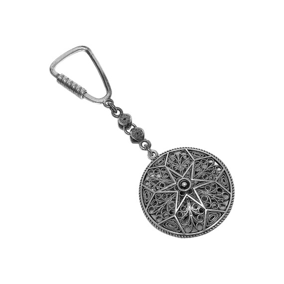 TurqArts Filigree Keychain Made of 925 Sterling Silver, Handmade Key Holder for Gift, Authentic Key Ring, Fine Silver Keychain, Ethnic Key Fob