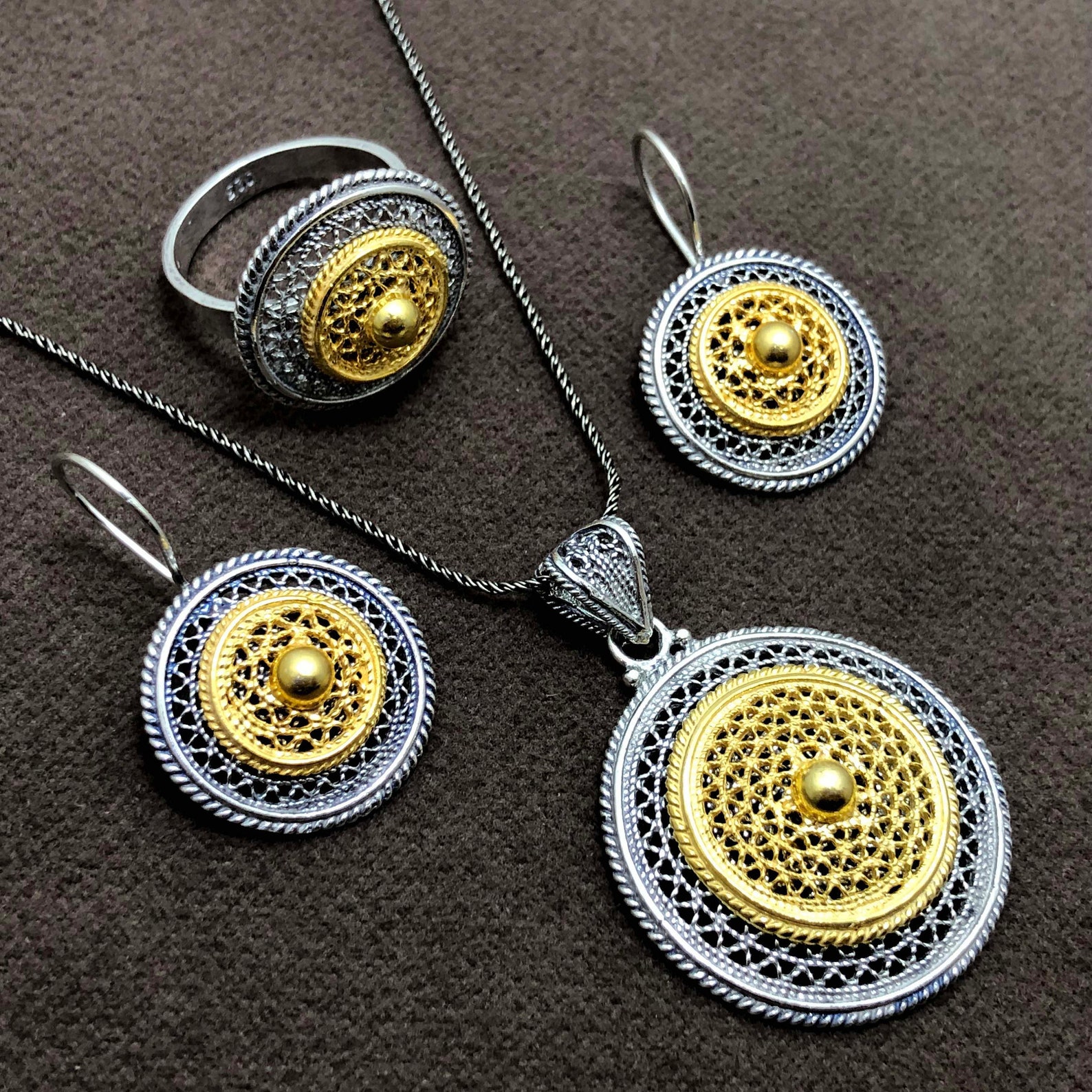 Handmade Triple Jewelry Set Made of Sterling Silver, Necklace, a Pair