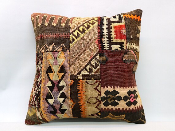 Kilim Pillow Cover 20x20 Decorative Cotton Hand Woven Throw Pillow w Kilim