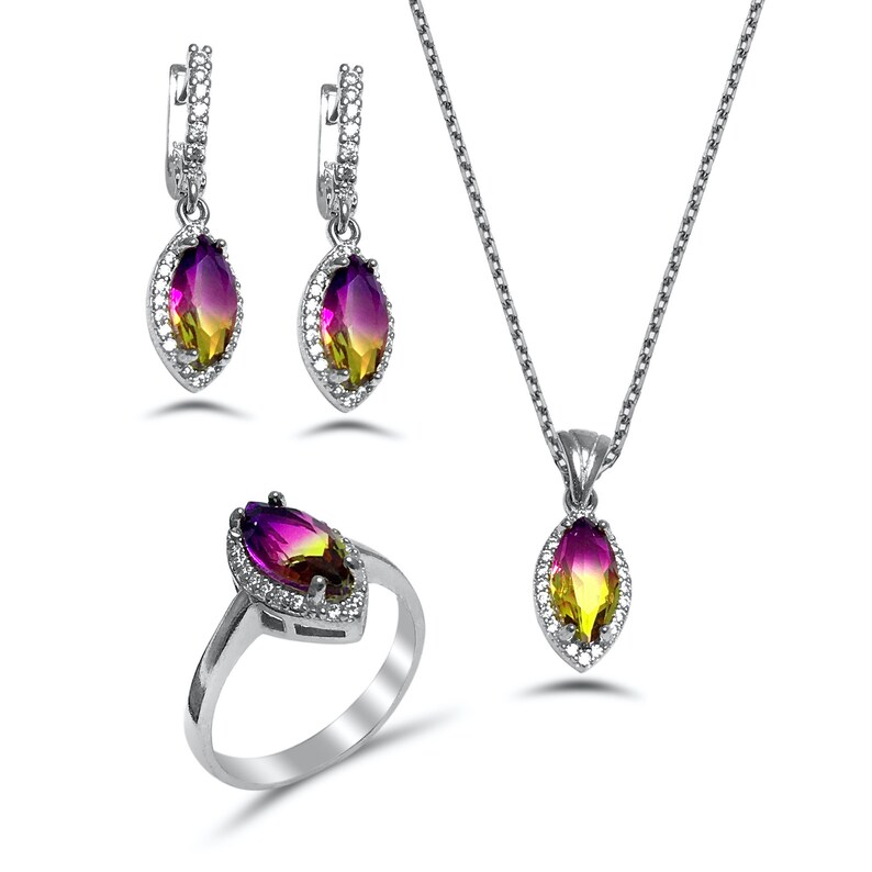 Necklace 925 Fine Silver Set With Quartz Gemstone Ring a Pair of Earrings Handmade Triple Jewelry Set Made of Sterling Silver