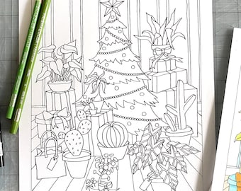Coloring Page PDF: Houseplants Under the Christmas Tree