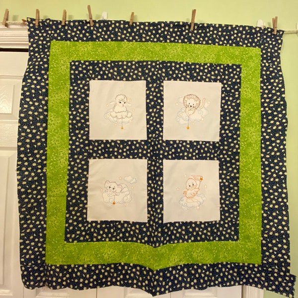 Baby animals in blue flowers baby sized unfinished quilt top - ready to go!