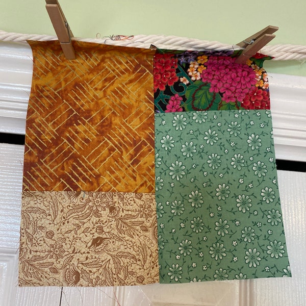 Scrappy multi color UNFINISHED quilt blocks, set of four. Ready for any project you can think of!