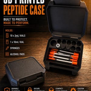 May include: A black 3D printed peptide case with a hinged lid. The open case features molded compartments for 10 3mL vials, 1 10mL vial, syringes, and alcohol pads. Text on the image includes 3D PRINTED PEPTIDE CASE, BUILT TO PROTECT. MADE TO PERFORM, and lists storage capacities.