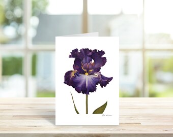 Purple Iris Printable Greeting Card, Watercolor Fine Art Botanical Card, Blank Note Card, Floral Card