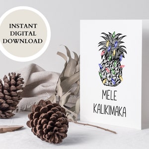 Mele Kalikimaka wenskaart, Hawaiiaanse kerstkaart afdrukbaar, kerstananas, tropische kerstvakantiekaart met envelop