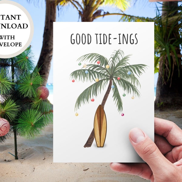 Surf Christmas Greeting Card With Envelope, Printable Tropical Christmas Card, Surfer Holiday Card, Instant Download, Palm Tree Christmas