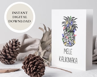 Mele Kalikimaka Greeting Card, Hawaiian Christmas Card Printable, Christmas Pineapple, Tropical Christmas Holiday Card With Envelope