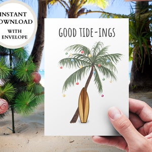 Tarjeta navideña tropical: Tarjeta navideña de surf imprimible con sobre.