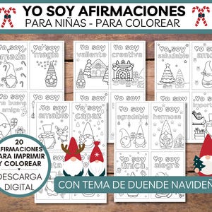 Pagine da colorare di Natale in SPAGNOLO, Schede di affermazione stampabili da colorare per bambini, Attività di colorazione motivazionale per ragazze, Tema gnomo/elfo
