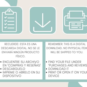 A digital download graphic with a light green background. The image includes icons of a clipboard, a downward arrow, and a printer. Text in English and Spanish explains the digital download process: find, download, and print.