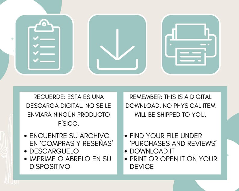 A digital download graphic with a light green background. The image includes icons of a clipboard, a downward arrow, and a printer. Text in English and Spanish explains the digital download process: find, download, and print.