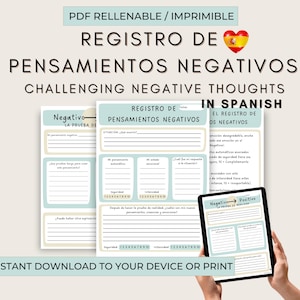 Puede incluir: Descarga digital con hojas de trabajo imprimibles para desafiar los pensamientos negativos. El diseño incluye texto en inglés y español, con secciones para registrar pensamientos y emociones. La imagen muestra las hojas de trabajo en una tableta e impresas.