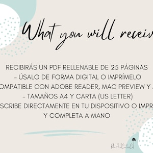 A digital print with the text "What you will receive" in a handwritten font. The text below details the product, including a 25-page fillable PDF, compatible with Adobe Reader, and available in A4 and US Letter sizes.