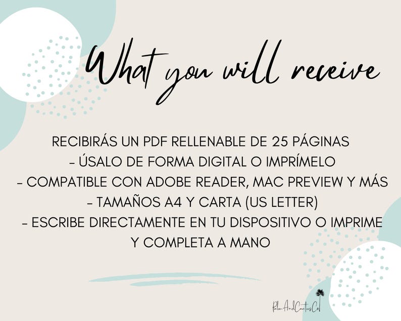 A digital print with the text "What you will receive" in a handwritten font. The text below details the product, including a 25-page fillable PDF, compatible with Adobe Reader, and available in A4 and US Letter sizes.