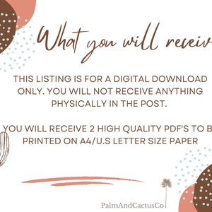 A digital download listing for two high-quality printable PDF files. The text reads "What you will receive" and "This listing is for a digital download only. You will not receive anything physically in the post. You will receive 2 high quality PDF's to be printed on A4/U.S letter size paper."