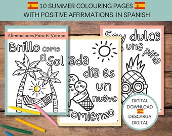 Printable Summer Coloring Pages for Kids with Positive Affirmations in SPANISH, Language Learning