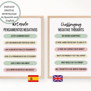 2 printable posters..one in Spanish, one in English, with a list of questions to challenge negative thoughts. The questions are: Am I making assumptions? Is there a more positive way to look at it? Is there any evidence for my worry? What is the probability that it will happen? What would I say to a friend? Will this matter a few months from now? Both languages are included in the bilingual digital download.