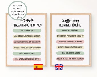 Bilingual CBT Printable: Challenging Negative Thoughts, Spanish & English (Digital Download)