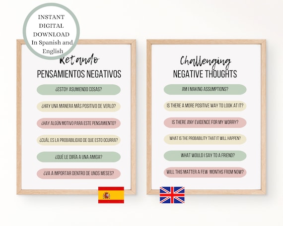 Bilingual CBT Printable: Challenging Negative Thoughts, Spanish & English (Digital Download)