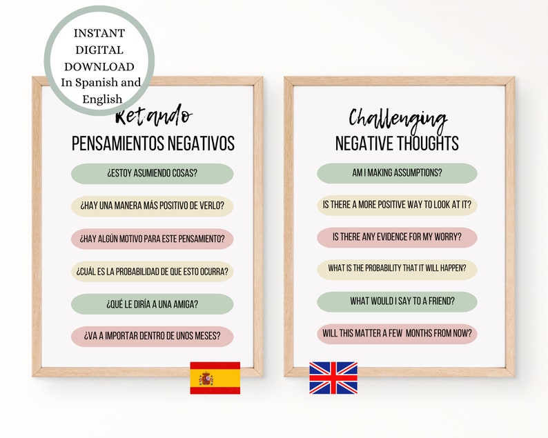 2 printable posters..one in Spanish, one in English, with a list of questions to challenge negative thoughts. The questions are: Am I making assumptions? Is there a more positive way to look at it? Is there any evidence for my worry? What is the probability that it will happen? What would I say to a friend? Will this matter a few months from now? Both languages are included in the bilingual digital download.