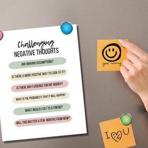 A printable poster with a list of questions to challenge negative thoughts. The questions are: Am I making assumptions? Is there a more positive way to look at it? Is there any evidence for my worry? What is the probability that it will happen? What would I say to a friend? Will this matter a few months from now?