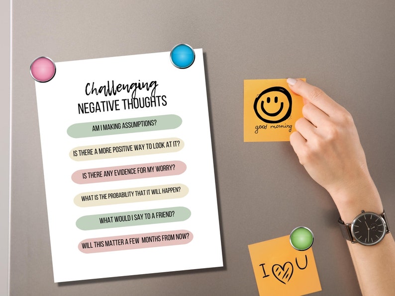 A printable poster with a list of questions to challenge negative thoughts. The questions are: Am I making assumptions? Is there a more positive way to look at it? Is there any evidence for my worry? What is the probability that it will happen? What would I say to a friend? Will this matter a few months from now?