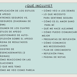 A light blue graphic with the text "¿QUÉ INCLUYE?" and bulleted lists in Spanish. The lists include topics such as "EXPLICACIÓN DE LOS ESTILOS DE APEGO" and "CÓMO VEO A LOS DEMÁS".