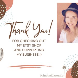 Thank You! for checking out my Etsy shop and supporting my business. The image features a cactus, a brown and white patterned circle, and a woman wearing a black hat.