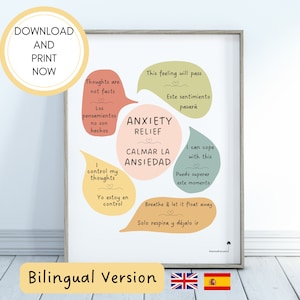 May include: Printable poster with a calming message for anxiety relief. The poster features a circular design with five sections, each with a different color and a message in both English and Spanish. The text includes phrases like "Thoughts are not facts", "This feeling will pass", "I can cope with this", "Breathe & let it float away", and "Calmar la ansiedad".