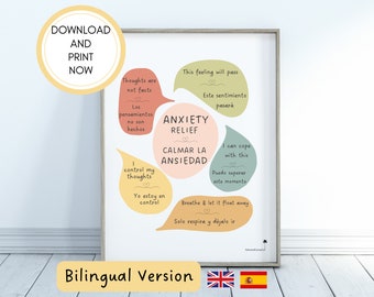 Póster bilingüe con frases para afrontar la ansiedad: Herramientas de la terapia cognitivo conductual/conductual para la regulación emocional (descarga digital)