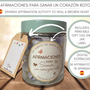 Frasco de Afirmaciones Imprimibles para Amor Propio y Positividad después de una Ruptura Amorosa, Frases para Sanar un Corazón Roto.