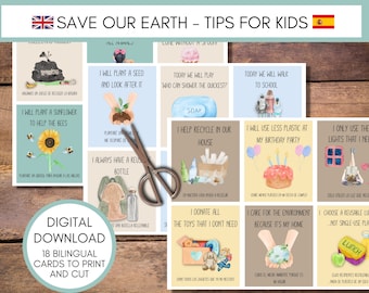 Save Our Earth Tips for Kids, Spanish to English, Bilingual Protect Nature Flashcards, Eco Conscious Printables, There is No Planet B