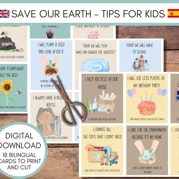 Save Our Earth Tips for Kids, Spanish to English, Bilingual Protect Nature Flashcards, Eco Conscious Printables, There is No Planet B