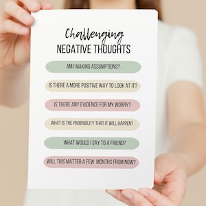 A white printable worksheet with the title "Challenging Negative Thoughts" and a list of questions to help challenge negative thinking. The questions are: "Am I making assumptions?", "Is there a more positive way to look at it?", "Is there any evidence for my worry?", "What is the probability that it will happen?", "What would I say to a friend?", and "Will this matter a few months from now?"