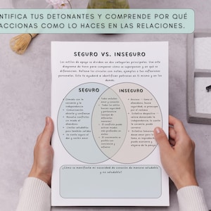A person holding a white paper with text in Spanish, including "SEGURO VS. INSEGURO" and a Venn diagram. The paper has a light green border at the top with text. The background includes a small zen garden and a whisk.