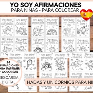 Carte di affermazione stampabili in SPAGNOLO da colorare per bambini, carte da colorare motivazionali per ragazze, pagine da colorare di unicorni e fate