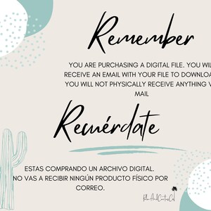 A digital file announcement with the word "Remember" in elegant script. The text explains the purchase of a digital file, delivered via email, with no physical product. A cactus illustration is included.