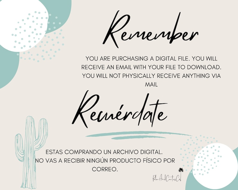 A digital file announcement with the word "Remember" in elegant script. The text explains the purchase of a digital file, delivered via email, with no physical product. A cactus illustration is included.