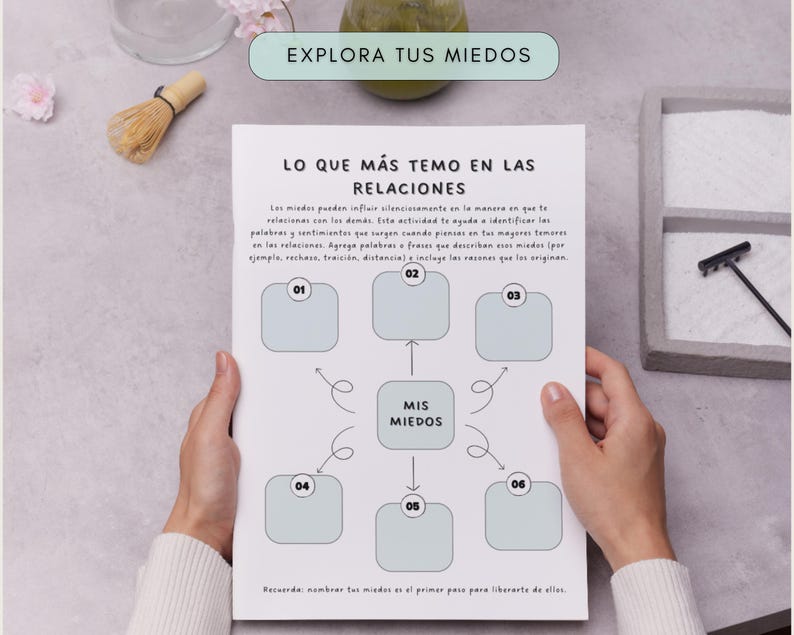 A white worksheet with the text "EXPLORA TUS MIEDOS" and "LO QUE MÁS TEMO EN LAS RELACIONES" is held by two hands. The worksheet has six boxes connected to a central box labeled "MIS MIEDOS". A matcha whisk and a zen garden are in the background.