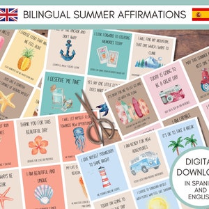 ESPAÑOL A INGLÉS Tarjetas de Afirmación, Imprimible de Auto Cuidado, Frases Motivacionales para el Verano, Kit de Tablero de Visión