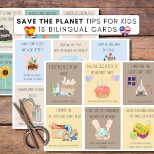 Consigli per salvare il pianeta per bambini - Flashcard stampabili ecosostenibili dallo spagnolo all'inglese
