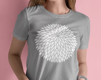 Japanese Chrysanthemum motif,  Women's T Shirt, Soft Spun light gray/silver color shirt.