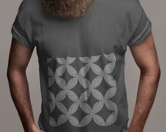 Dark gray T-shirts with traditional textile design fragments. Unisex sizes. Japanese textile pattern