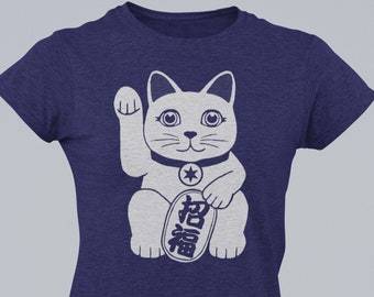 Fortune Kitty (maneki neko) Women's Shirt (heather dark blue)