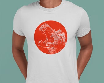 Godzilla in a Red Dot, Unisex/Mens sizes, Soft slim cotton T in White.